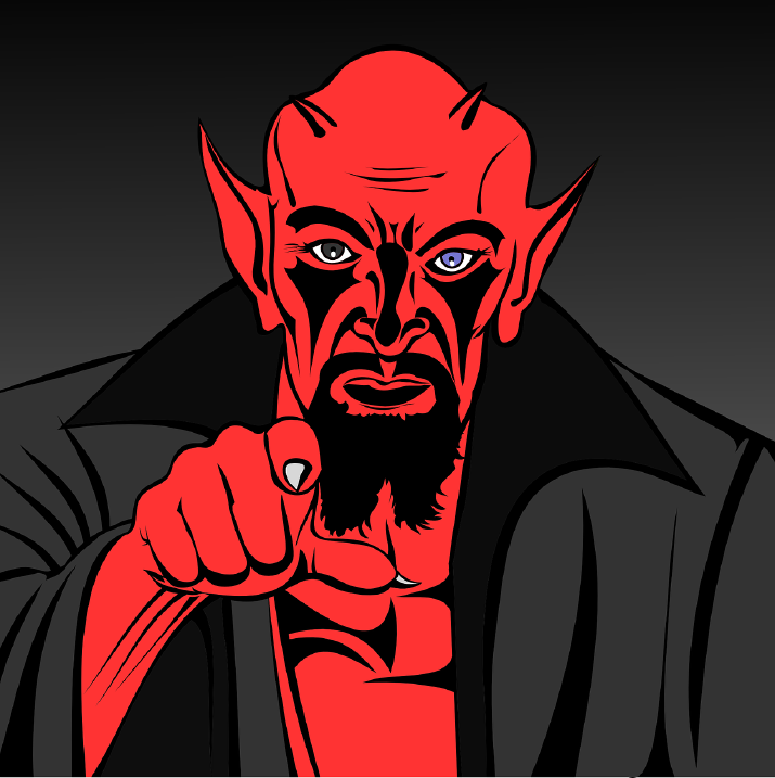 An illustration of a devil, pointing at you.