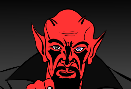 An illustration of a devil, pointing at you.