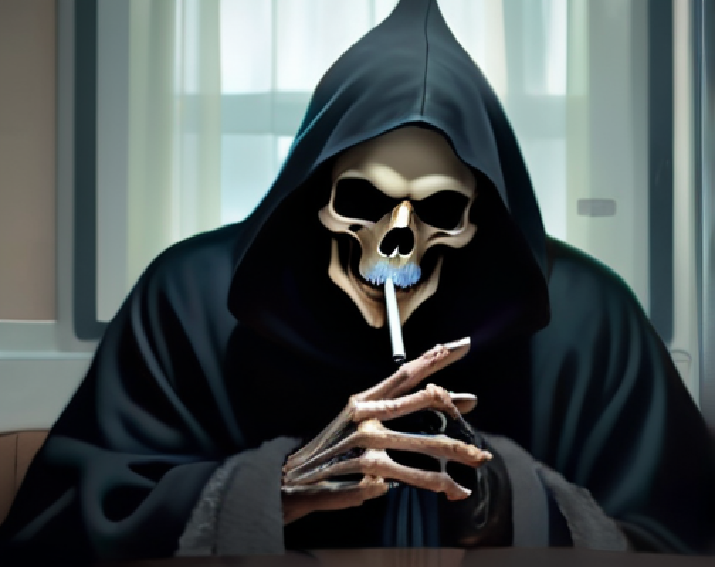 A picture of the grim reaper smoking a cigarette.