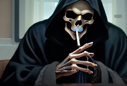 A picture of the grim reaper smoking a cigarette.