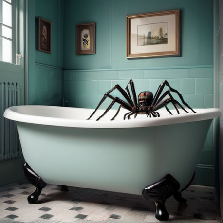 A giant spider crawling out of a bathtub.