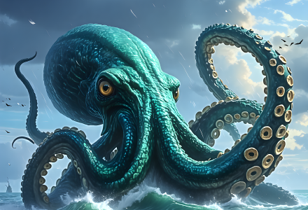 An illustration of a giant octopus rising above the waves.