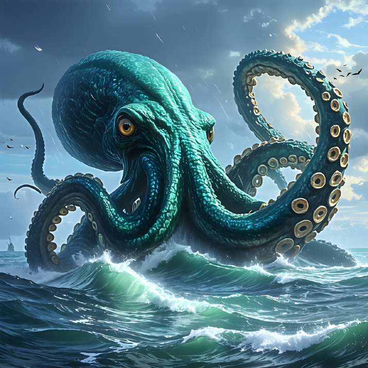 An illustration of a giant octopus rising above the waves.